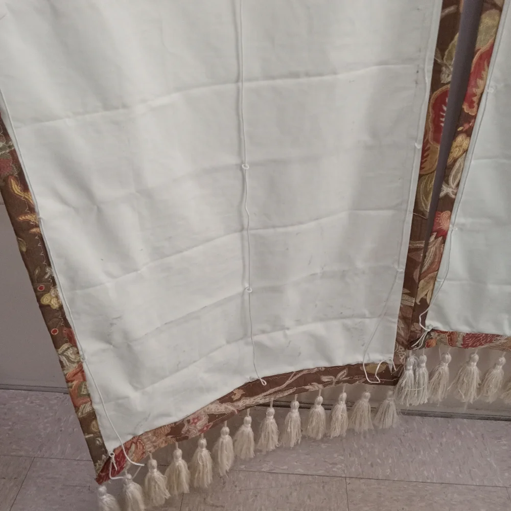 Unique French Art Curtains Oval/ Arch Cut, Tassels, Drawstring Attached to wood